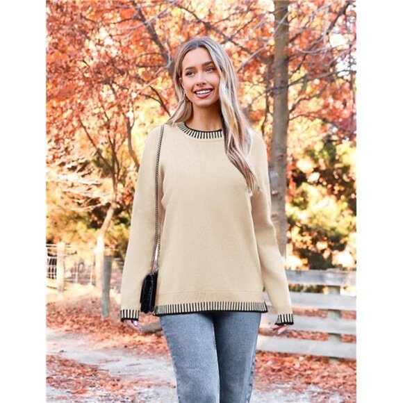 Womens Crewneck Pullover Sweater Long Sleeve Knit Side Slit 2024 Fall Winter - Picture 2 of 7